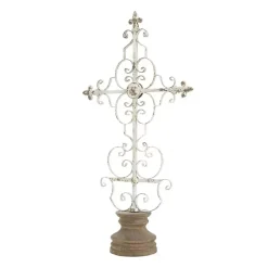 Sale Cream Metal Ornate Cross Tabletop Sculpture Statues & Figurines