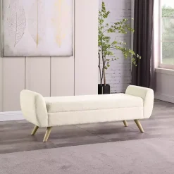 Kirklands Home Benches & Ottomans|Cream Sherpa and Wood Storage Bench Ivory