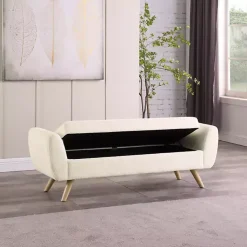 Kirklands Home Benches & Ottomans|Cream Sherpa and Wood Storage Bench Ivory