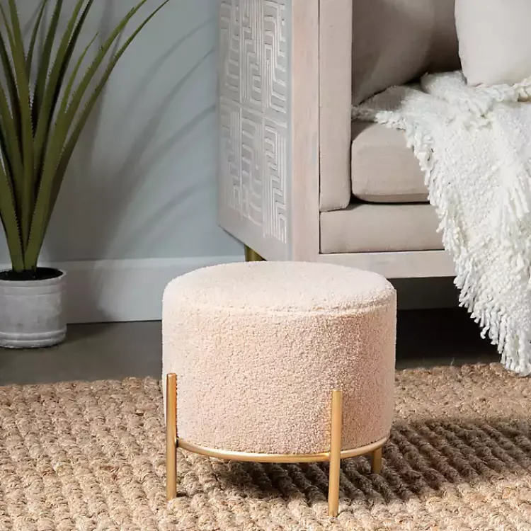 Kirklands Home Benches & Ottomans|Cream Sherpa Upholstered Round Ottoman Ivory