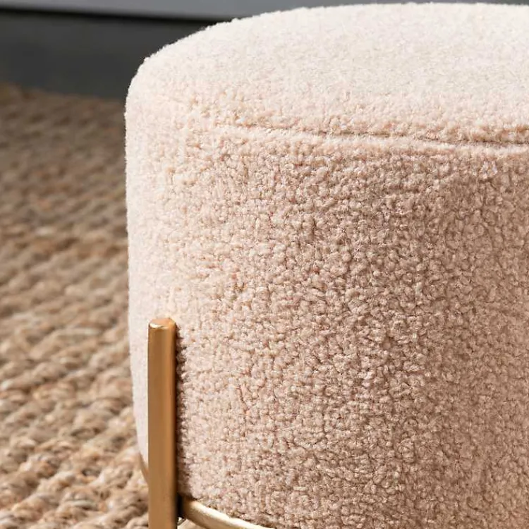 Kirklands Home Benches & Ottomans|Cream Sherpa Upholstered Round Ottoman Ivory