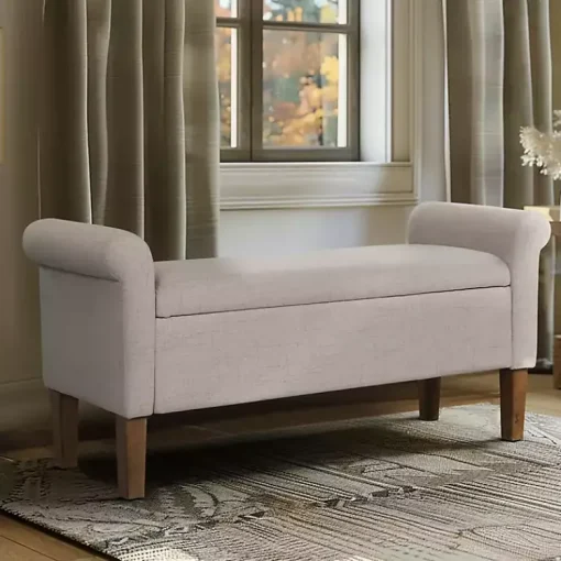 Kirklands Home Benches & Ottomans|Cream Upholstered Aubrey Storage Bench Tan