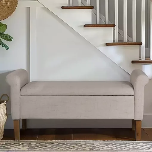 Kirklands Home Benches & Ottomans|Cream Upholstered Aubrey Storage Bench Tan