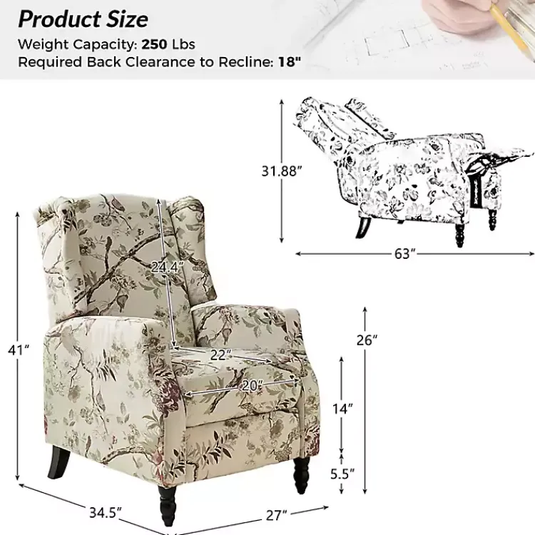 Kirklands Home Accent Chairs|Cream Vintage Floral Reclining Armchair