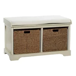 Kirklands Home Entryway Furniture|Cream Wood Bench with Storage Baskets White