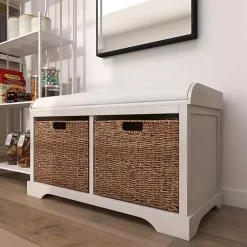 Kirklands Home Entryway Furniture|Cream Wood Bench with Storage Baskets White
