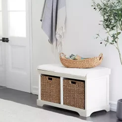Kirklands Home Entryway Furniture|Cream Wood Bench with Storage Baskets White