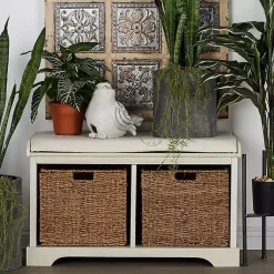 Kirklands Home Entryway Furniture|Cream Wood Bench with Storage Baskets White