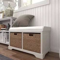 Kirklands Home Entryway Furniture|Cream Wood Bench with Storage Baskets White
