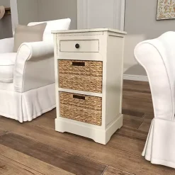 Kirklands Home Accent & End Tables|Cream Wood Side Table with Woven Baskets Ivory