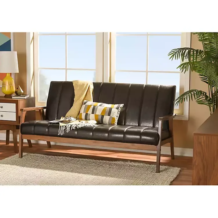 Kirklands Home Sofas & Loveseats|Dark Faux Leather Channel Sofa, 63 in. Brown