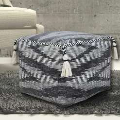 Online Dark Gray Tasseled Static Geo Cotton Square Pouf Poufs & Floor Cushions