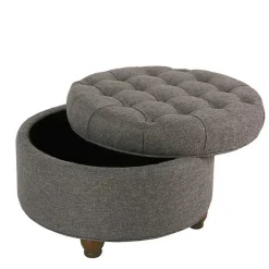 Kirklands Home Benches & Ottomans|Dark Tufted Round Storage Ottoman Gray