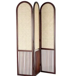 Online Dark Wood & Rattan Arched Trifold Room Divider Decorative Accents