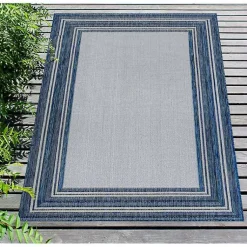 Kirklands Home Outdoor Rugs|Deep Aqua Threaded Frame Outdoor Area Rug, 6x9