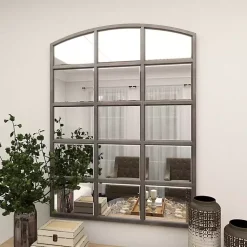 Kirklands Home Decorative Mirrors|Distressed Metal Windowpane Arched Mirror Black