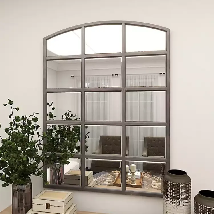 Kirklands Home Decorative Mirrors|Distressed Metal Windowpane Arched Mirror Black