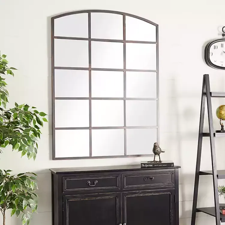 Kirklands Home Decorative Mirrors|Distressed Metal Windowpane Arched Mirror Black