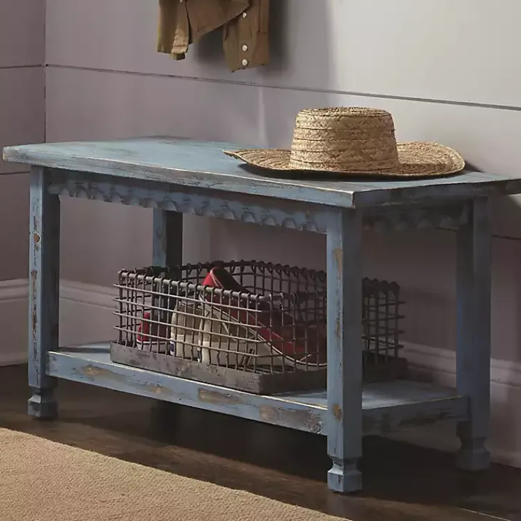 Kirklands Home Benches & Ottomans|Distressed Wood Antique Bench Blue