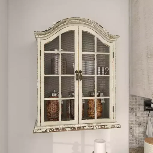Kirklands Home Wall Storage|Distressed Cream Wood Wall Cabinet