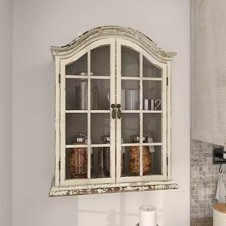 Kirklands Home Wall Storage|Distressed Cream Wood Wall Cabinet