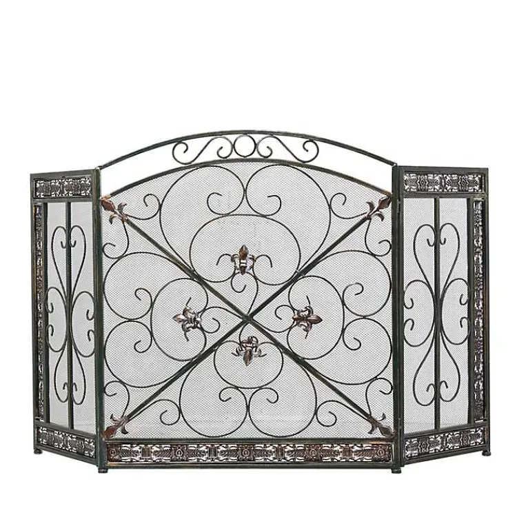 Distressed Fleur De Lis Three-Panel Fire Screen Fireplace Accessories