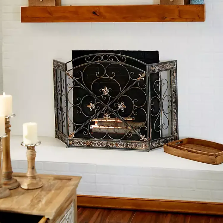 Distressed Fleur De Lis Three-Panel Fire Screen Fireplace Accessories
