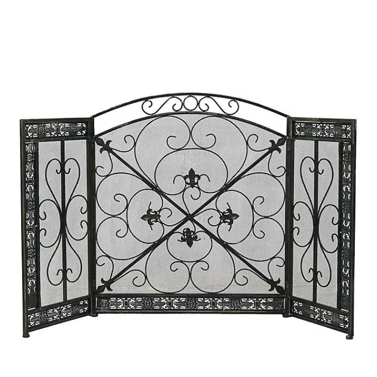 Distressed Fleur De Lis Three-Panel Fire Screen Fireplace Accessories