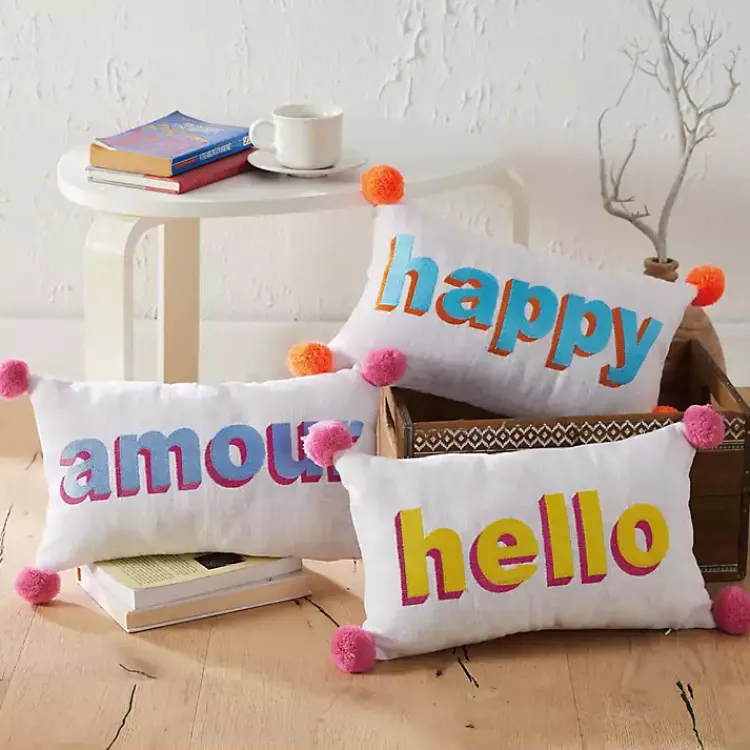 Hot Embroidered Happy Pom Pom Lumbar Pillow Pillows