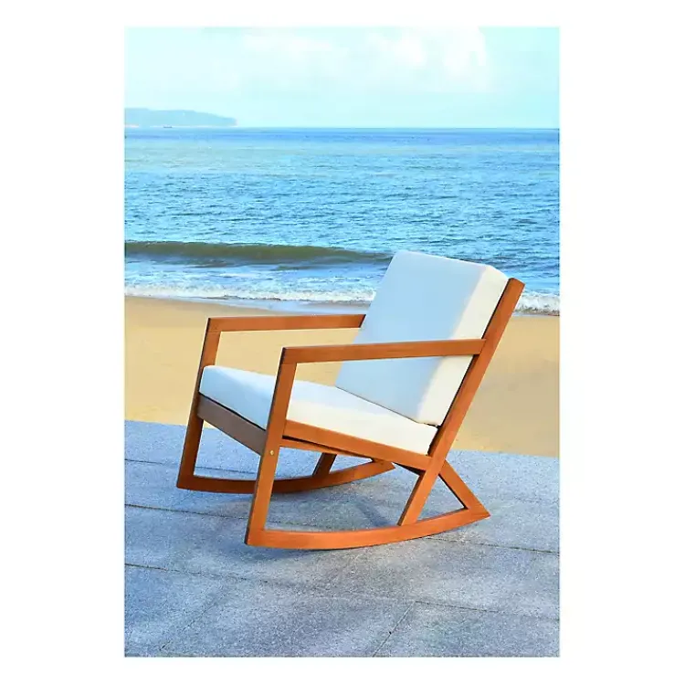 Kirklands Home Outdoor Seating|Eucalyptus Wood with Beige Cushion Rocking Chair Ivory