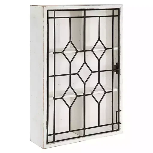 Kirklands Home Wall Storage|Farmhouse Chic White Wood & Iron Wall Cabinet