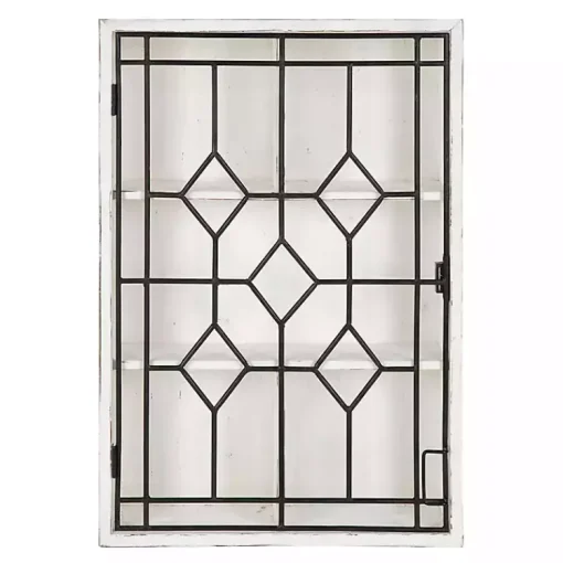 Kirklands Home Wall Storage|Farmhouse Chic White Wood & Iron Wall Cabinet