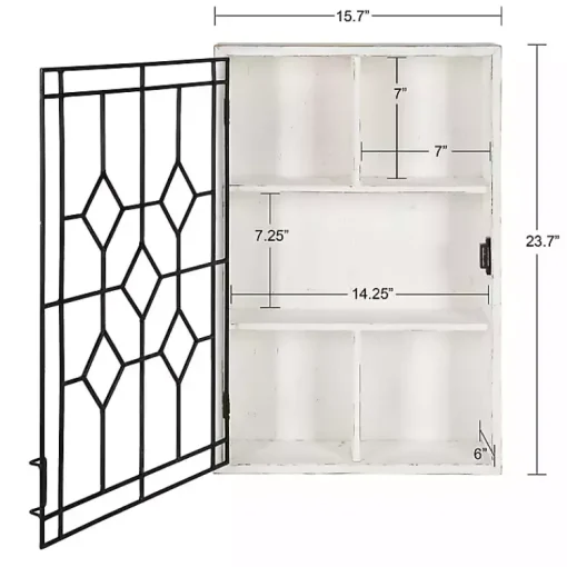 Kirklands Home Wall Storage|Farmhouse Chic White Wood & Iron Wall Cabinet