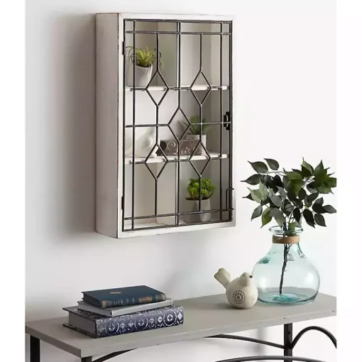 Kirklands Home Wall Storage|Farmhouse Chic White Wood & Iron Wall Cabinet
