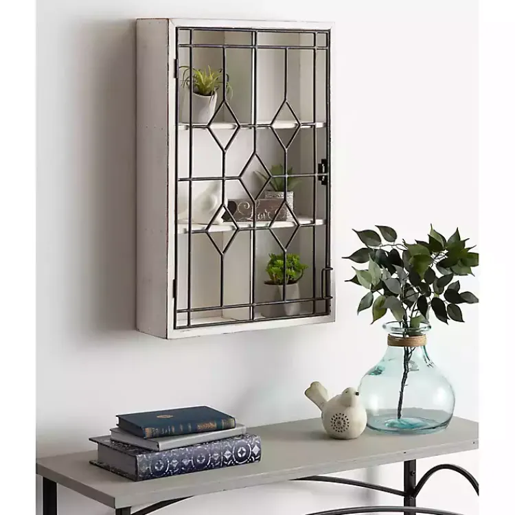 Kirklands Home Wall Storage|Farmhouse Chic White Wood & Iron Wall Cabinet