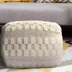 Sale Flatweave Tufted Checker Wool Pouf Poufs & Floor Cushions