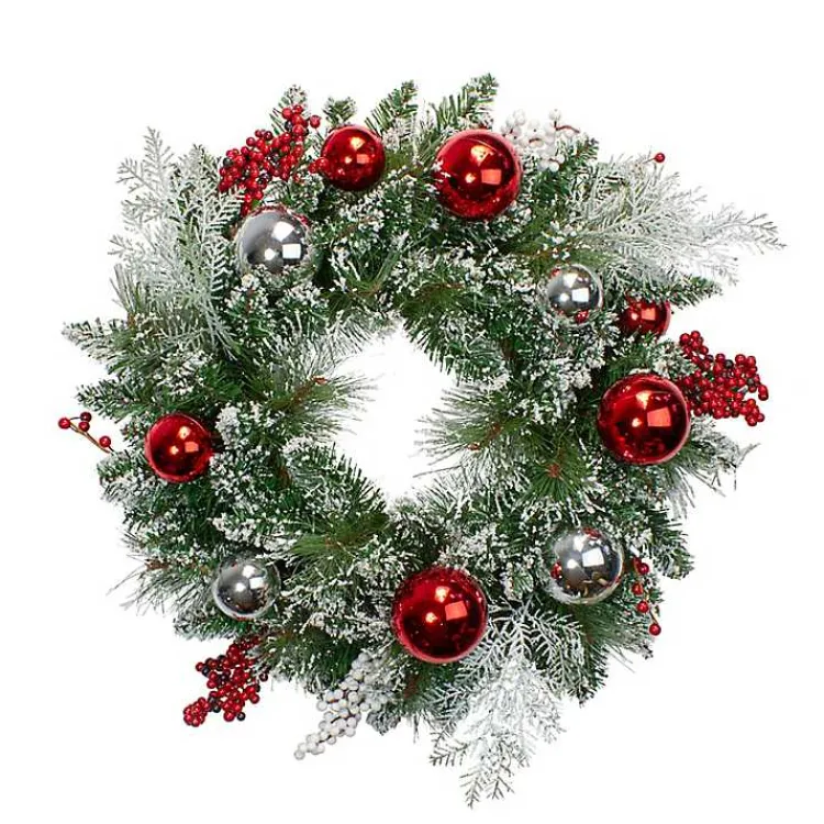 Flocked Baubles and Berries Pine Wreath Christmas Wreaths