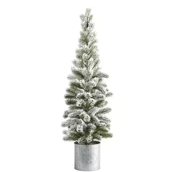 Sale Flocked Pine Tree in Tin Can Planter Christmas Arrangements & Garland