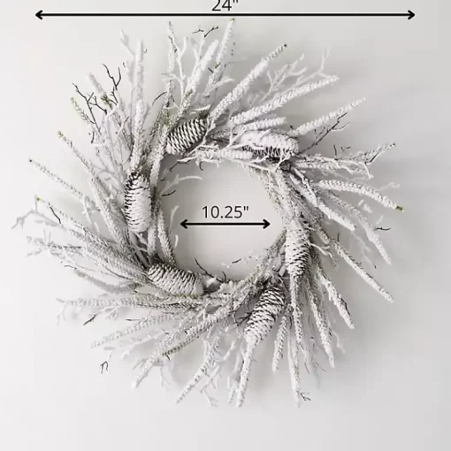 Clearance Flocked Twig and Pinecone Christmas Wreath Christmas Wreaths