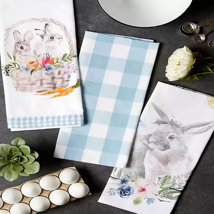 New Floral and Easter Bunnies Dish Towels, Set of 3 Easter Decorations