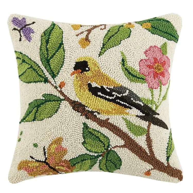 Discount Floral Goldfinch Hooked Wool Pillow Pillows