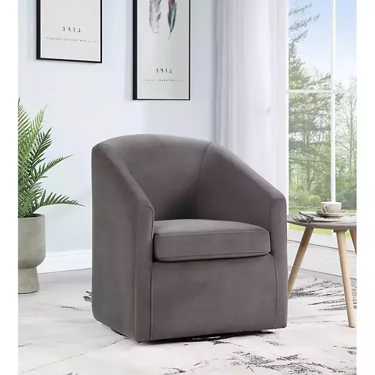 Kirklands Home Accent Chairs|Fog Velvet Swivel Barrel Accent Chair Gray