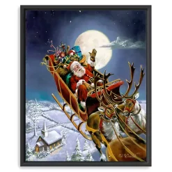 Discount Framed Santa on His Sleigh Giclee Canvas Art Print Christmas Art & Wall Decor