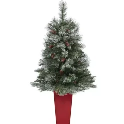 French Alps Mountain Pine Tree in Red Planter Christmas Arrangements & Garland
