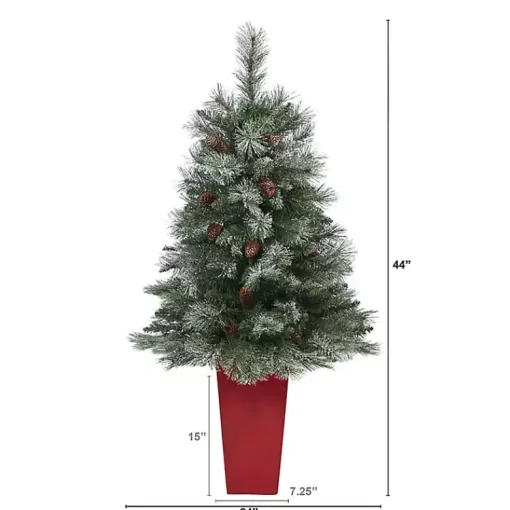 French Alps Mountain Pine Tree in Red Planter Christmas Arrangements & Garland