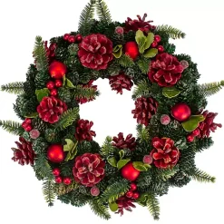 Online Frosted Red Ornament and Pinecone Wreath Wreaths