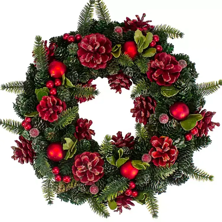 Online Frosted Red Ornament and Pinecone Wreath Wreaths