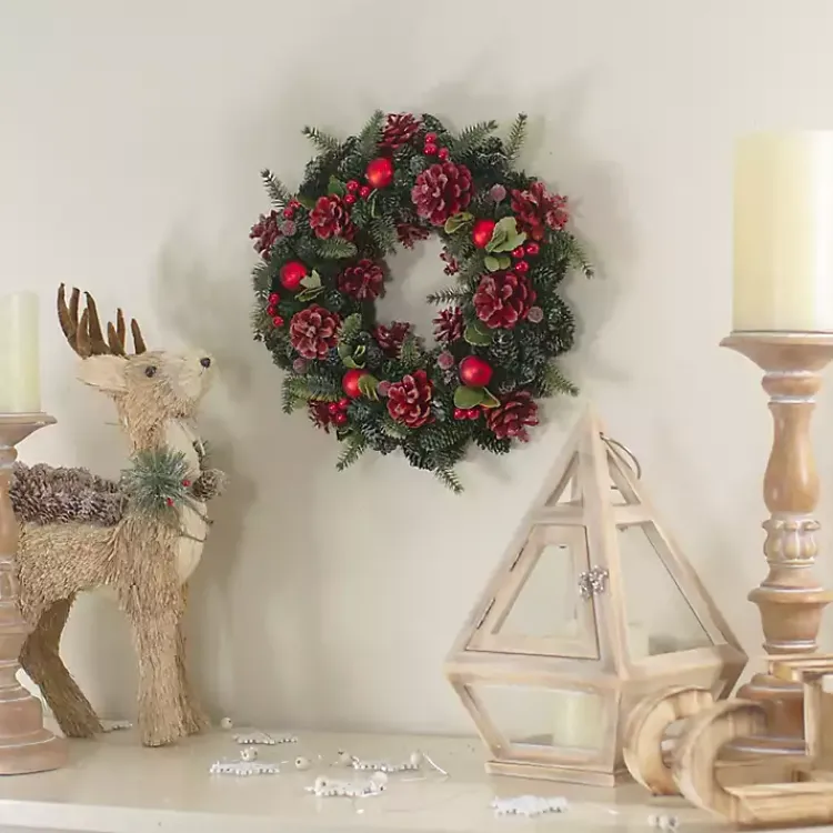 Online Frosted Red Ornament and Pinecone Wreath Wreaths