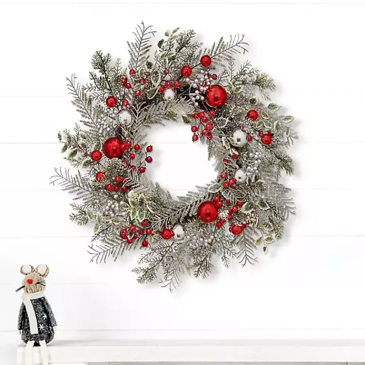 Frosted Silver Berries and Ornaments Wreath Christmas Wreaths