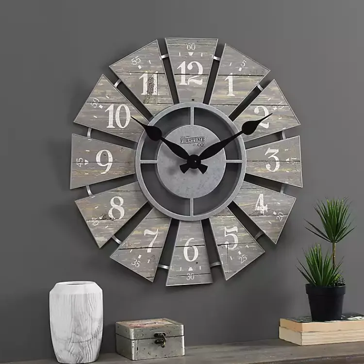 Kirklands Home Clocks|Galvanized Windmill Wall Clock Gray
